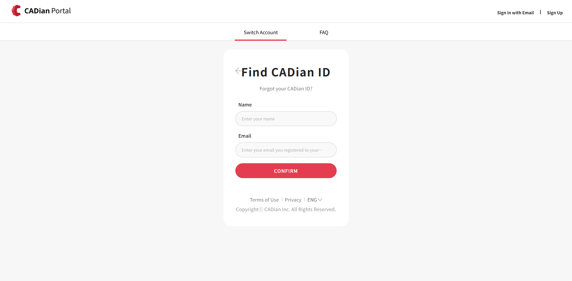 Input fields for finding ID - name, email